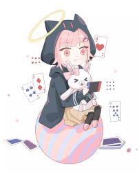 Rule 34 | &gt; &lt;, 1girl, animal ears, azusawa rika, black jacket, blush, bow, brown hair, brown skirt, card, ear bow, fake animal ears, galaga, hair ornament, halo, handheld game console, heart, highres, holding, holding handheld game console, hood, hooded jacket, jacket, looking down, medium hair, nintendo switch, open clothes, open jacket, pink bow, pink eyes, playing card, pleated skirt, sitting, skirt, smile, usami (danganronpa), white background