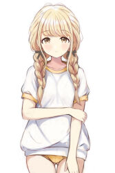 1girl blonde_hair blush braid buruma closed_mouth commentary_request cowboy_shot fujita_kotone gakuen_idolmaster gluteal_fold hand_on_own_arm idolmaster looking_at_viewer low_twin_braids nannacy7 puffy_short_sleeves puffy_sleeves shirt short_sleeves simple_background solo twin_braids white_background white_shirt yellow_buruma yellow_eyes