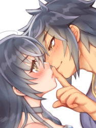 Rule 34 | 1boy, 1girl, bad id, bad pixiv id, black hair, black neckwear, blush, choker, couple, eye contact, finger to another&#039;s mouth, folks (nabokof), hetero, long hair, looking at another, profile, rokurou rangetsu, simple background, smile, tales of (series), tales of berseria, upper body, velvet crowe, white background, yellow eyes