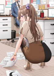 Rule 34 | 1girl, blouse, blue eyes, expulse, from behind, grey hair, high heels, kneeling, office, office lady, original, pantyhose, pencil skirt, shirt, skirt, tearing clothes, torn clothes