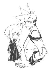 Rule 34 | 2boys, black jacket, chomoran, ascot, galo thymos, gloves, greyscale, highres, jacket, lio fotia, looking at viewer, male focus, monochrome, multiple boys, pectorals, promare, topless male, short hair, smile, spiked hair