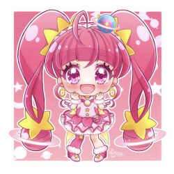 Rule 34 | 1girl, :d, ahoge, blunt bangs, blush, boots, chibi, choker, cure star, dress, earrings, full body, fur-trimmed boots, fur cuffs, fur trim, hair ornament, highres, hoop earrings, jewelry, long hair, looking at viewer, magical girl, open mouth, petticoat, pink background, pink choker, pink dress, pink eyes, pink footwear, pink hair, pink thighhighs, planet hair ornament, pouch, precure, short dress, single thighhigh, smile, solo, standing, star (symbol), star choker, star hair ornament, star twinkle precure, thighhighs, twintails, umiyuki (umi chu), very long hair, wrist cuffs