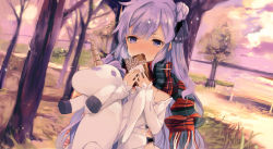 Rule 34 | 1girl, azur lane, black bow, black ribbon, blush, bow, box, cloud, cloudy sky, commentary request, covered mouth, detached sleeves, dress, dutch angle, fingernails, fringe trim, gift, gift box, hair between eyes, hair bun, hair ribbon, highres, holding, holding gift, long hair, long sleeves, nose blush, hugging object, one side up, outdoors, plaid, plaid scarf, purple eyes, purple hair, purple sky, ribbon, scarf, side bun, single hair bun, single side bun, sky, sleeves past wrists, solo, stuffed animal, stuffed pegasus, stuffed toy, stuffed unicorn, stuffed winged unicorn, tetsujin momoko, unicorn (azur lane), very long hair, white dress