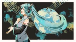 Rule 34 | 1girl, bare shoulders, beamed eighth notes, black sleeves, blue hair, blue nails, blue necktie, closed eyes, collared shirt, cowboy shot, detached sleeves, facing ahead, from side, globe, grey shirt, hair between eyes, hand on own chest, hatsune miku, highres, long hair, long sleeves, musical note, nail polish, nanase (nanataroo 7), necktie, number tattoo, profile, quarter note, shirt, sidelocks, sleeveless, sleeveless shirt, solo, staff (music), tattoo, tie clip, twintails, very long hair, vocaloid