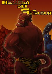 Rule 34 | 2boys, abs, animal print, ass, aura, bald spot, bara, blank eyes, blue oni, blue skin, briefs, broken horn, club, club (weapon), colored sclera, colored skin, comic cover, cover, demon, demon boy, demon horns, demon tail, fake cover, from behind, grin, hand on own hip, hellboy, hellboy (comic), horns, looking at viewer, looking back, male focus, male underwear, mature male, monster, monster boy, multiple boys, muscular, muscular male, oni, oni horns, otsukimi, pointy ears, print male underwear, seductive smile, short hair, sideburns, smile, solo focus, spiked club, tail, tiger print, topless male, underwear, weapon, yellow male underwear, yellow sclera