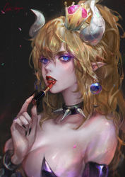 Rule 34 | 1girl, applying makeup, artist name, bare shoulders, black background, black nails, blonde hair, blue eyes, bowsette, bracelet, breasts, collar, colored eyelashes, cosmetics, crown, earrings, eyeshadow, fang, fangs, fingernails, hair between eyes, highres, horns, jewelry, large breasts, lips, lipstick, lipstick tube, long fingernails, long hair, looking at viewer, makeup, mario (series), messy hair, mini crown, nail polish, new super mario bros. u deluxe, nintendo, oreki genya, parted lips, petals, pointy ears, ponytail, red lips, sharp fingernails, simple background, solo, spiked bracelet, spiked collar, spikes