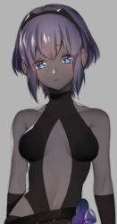 Rule 34 | 1girl, backless outfit, bare shoulders, blue eyes, breasts, center opening, closed mouth, dark-skinned female, dark skin, elbow sleeve, eyeshadow, fate/grand order, fate/prototype, fate/prototype: fragments of blue and silver, fate (series), hassan of serenity (fate), image sample, looking at viewer, makeup, medium breasts, midriff, multicolored eyes, navel, purple eyes, purple hair, red eyeshadow, short hair, simple background, sino42, solo, tumblr sample, upper body