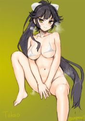 Rule 34 | &gt;:), 1girl, asaga aoi, azur lane, bare arms, bare legs, bare shoulders, barefoot, bikini, black hair, bow, breasts, character name, cleavage, closed mouth, collarbone, covering privates, covering crotch, doyagao, green background, hair bow, large breasts, long hair, looking at viewer, ponytail, smile, smug, solo, swimsuit, takao (azur lane), twitter username, underboob, v-shaped eyebrows, v arms, white bikini, white bow, yellow eyes