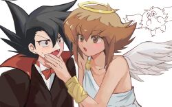 Rule 34 | 2boys, alternate costume, angel wings, black cape, black hair, black vest, blush, bow, bowtie, bright pupils, brown hair, cape, closed eyes, collared shirt, commentary request, dress shirt, duel monster, embarrassed, fang, feathered wings, halo, hand on another&#039;s face, hand up, hands up, happy, highres, male focus, manjoume jun, medium hair, multiple boys, open mouth, red bow, red bowtie, shirt, short hair, sidelocks, simple background, spiked hair, sweatdrop, ten (100000 910), tunic, two-sided cape, two-sided fabric, upper body, vampire, vest, white background, white shirt, white tunic, white wings, winged kuriboh, wings, yaoi, yu-gi-oh!, yu-gi-oh! gx, yuuki juudai
