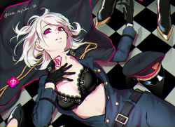 Rule 34 | 1girl, aohitsugi nemu, belt, boots, bra, breasts, buttons, cape, double-breasted, eyelashes, hat, high heel boots, high heels, highres, hypnosis mic, jacket, looking at viewer, lying, military, military hat, military jacket, military uniform, on back, on floor, parted lips, partially unbuttoned, pink eyes, short hair, silver hair, take bayashi 3d, twitter username, underwear, uniform