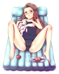 Rule 34 | 10s, 1girl, air mattress, bad id, bad nicoseiga id, bare shoulders, barefoot, blush, brown hair, cameltoe, covered navel, feet, idolmaster, idolmaster (classic), idolmaster 2, inuga anahoru, long hair, long legs, looking at viewer, lotion, lying, minase iori, nuru massage, on back, one-piece swimsuit, open mouth, red eyes, school swimsuit, sexually suggestive, soapland, solo, spread legs, stuffed animal, stuffed rabbit, stuffed toy, sunscreen, swimsuit