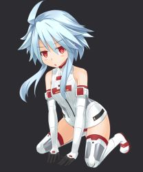 Rule 34 | 10s, 1girl, :o, ahoge, all fours, bare shoulders, black background, blanc (neptunia), blue hair, blush, boots, breasts, elbow gloves, flipped hair, full body, gloves, hair between eyes, halterneck, highres, himajin (starmine), kneeling, leaning forward, leotard, looking at viewer, magical girl, neptune (series), open mouth, power symbol, power symbol-shaped pupils, red eyes, short hair with long locks, sidelocks, simple background, small breasts, solo, spread legs, symbol-shaped pupils, thigh boots, thighhighs, turtleneck, white footwear, white heart (neptunia), white thighhighs