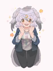 Rule 34 | bird girl, bird tail, bird wings, black pants, blue jacket, blush, casual, crescent, grey hair, grey shirt, head chain, head wings, highres, jacket, jewelry, kemono friends, kemono friends 3, looking at viewer, multicolored hair, official alternate costume, open clothes, open jacket, open mouth, orange eyes, pants, shimazoenohibi, shirt, short hair, sleeves rolled up, smile, tail, wings