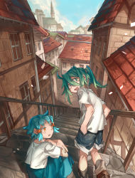 Rule 34 | 2girls, :d, akari (shichigatsu), bad id, bad pixiv id, blue hair, blue shorts, blue skirt, blue sky, city, day, green eyes, green hair, highres, looking at another, multiple girls, open mouth, orange eyes, original, outdoors, parted lips, ponytail, railing, shichigatsu, shirt, short sleeves, shorts, skirt, sky, slit pupils, smile, sou (shichigatsu), stairs, white shirt