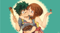 Rule 34 | 10s, 1boy, 1girl, absurdres, apron, blush stickers, boku no hero academia, bowl, brown eyes, brown hair, candy, chocolate, chocolate heart, commentary request, couple, eye contact, food, food on face, freckles, green background, green eyes, green hair, heart, hetero, highres, holding, hug, justin leyva (steamy tomato), looking at another, midoriya izuku, one eye closed, scar, smile, uraraka ochako, valentine