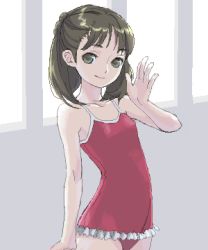 Rule 34 | 1girl, brown eyes, brown hair, casual one-piece swimsuit, flat chest, frilled swimsuit, frills, indoors, kishida mel, lowres, one-piece swimsuit, smile, solo, swimsuit, waving