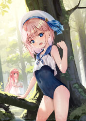 Rule 34 | 2girls, :d, :o, bare arms, bare shoulders, beret, blue eyes, blue one-piece swimsuit, blue sailor collar, brown hair, commentary request, dress, forest, hand up, hat, highres, holding, holding towel, long hair, looking at viewer, multiple girls, nature, one-piece swimsuit, open mouth, original, pink hair, sailor collar, shirt, sleeveless, sleeveless dress, sleeveless shirt, smile, standing, swimsuit, swimsuit under clothes, towel, tree, very long hair, water, wet, white dress, white headwear, white shirt, yan (nicknikg)