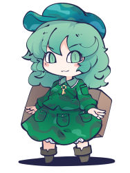 Rule 34 | 1girl, :3, aqua hat, box, brown footwear, camouflage, camouflage headwear, camouflage jacket, camouflage skirt, chahan (fried rice0614), closed mouth, flat cap, full body, green eyes, green hair, green jacket, hat, highres, jacket, key, long sleeves, looking at viewer, medium hair, one-hour drawing challenge, pocket, simple background, skirt, smile, solo, standing, touhou, white background, yamashiro takane