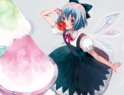Rule 34 | 1girl, bad id, bad pixiv id, blue dress, blue eyes, blue hair, bow, cherry, cirno, dress, embodiment of scarlet devil, female focus, food, fruit, fukahire (ruinon), hair bow, holding, looking at viewer, matching hair/eyes, mini person, minigirl, ribbon, shaved ice, short hair, short sleeves, smile, solo, touhou, wings