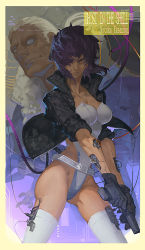 Rule 34 | 1boy, 1girl, batou (gits), circuit board, cyborg, ghost in the shell, ghost in the shell stand alone complex, gloves, gun, hair over one eye, highres, hunsay, jacket, kusanagi motoko, leotard, purple hair, red eyes, tachikoma, tube, weapon, wire
