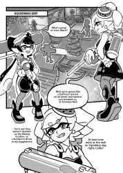 Rule 34 | + +, 2girls, ankle boots, boots, callie (splatoon), christmas tree, comic, dress, e-liter 3k (splatoon), earrings, english text, fangs, full body, gloves, gomipomi, greyscale, highres, holding, holding weapon, inkling, jewelry, long hair, looking at another, marie (splatoon), monochrome, multiple girls, nintendo, open mouth, pantyhose, parted lips, pointy ears, short dress, short hair, short jumpsuit, smile, splat roller (splatoon), splatoon (series), splatoon 1, strapless, strapless dress, sweatdrop, tentacle hair, weapon
