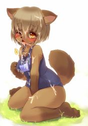 Rule 34 | 1girl, animal ears, animal hands, barefoot, blush, cum, cum in mouth, cum on hair, embarrassed, facial, feet, female focus, full body, furry, furry female, grass, kishibe, kneeling, nature, one eye closed, open mouth, outdoors, plant, school swimsuit, short hair, solo, swimsuit, tail, tanuki, tears, toes, tongue, white background, wink