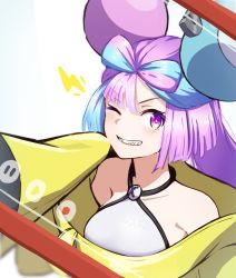 Rule 34 | 1girl, blue hair, blurry, blush, bright pupils, character hair ornament, commentary request, creatures (company), game freak, grin, hair ornament, hand up, highres, hyoe (hachiechi), iono (pokemon), jacket, long hair, looking at viewer, nintendo, one eye closed, pokemon, pokemon sv, purple eyes, purple hair, sharp teeth, shirt, sleeveless, sleeveless shirt, smile, solo, teeth, upper body, white background, white shirt, yellow jacket