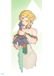 Rule 34 | 1girl, absurdres, bare shoulders, blonde hair, blush, bracelet, braid, chinese commentary, closed eyes, closed mouth, collarbone, commentary request, dress, earrings, fushe, grey dress, highres, holding, holding sword, holding weapon, jewelry, master sword, medium hair, necklace, nintendo, off-shoulder dress, off shoulder, parted bangs, pointy ears, princess zelda, sidelocks, simple background, sleeveless, sleeveless dress, solo, sword, the legend of zelda, the legend of zelda: tears of the kingdom, weapon, white background