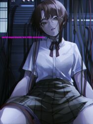 Rule 34 | 1girl, absurdres, anniversary, asymmetrical hair, brown eyes, brown hair, cable, collared shirt, commentary request, computer, hair ornament, hairclip, highres, iwakura lain, looking at viewer, neck ribbon, otochi (otc so), parted lips, ribbon, serial experiments lain, shirt, short hair, short sleeves, single sidelock, sitting, skirt, solo, white shirt, x hair ornament