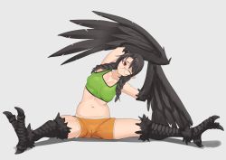 Rule 34 | 1girl, absurdres, bird legs, black feathers, black hair, braid, breasts, cameltoe, closed mouth, collarbone, feathered wings, feathers, glasses, green tank top, harpy, highres, karasu tengu (monster girl encyclopedia), long hair, medium breasts, monster girl, monster girl encyclopedia, one eye closed, orange shorts, pointy ears, red eyes, second-party source, shorts, simple background, skin tight, solo, stormcow, stretching, talons, tank top, twin braids, winged arms, wings