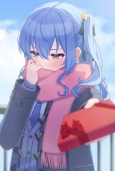 Rule 34 | 1girl, absurdres, adjusting scarf, alternate costume, averting eyes, black jacket, blazer, blue eyes, blue hair, blush, commentary request, covered mouth, day, gift, green ribbon, hair between eyes, hair ribbon, highres, holding, holding gift, hololive, hoshimachi suisei, incoming gift, jacket, long hair, long sleeves, outdoors, pink scarf, ribbon, scarf, side ponytail, sidelocks, solo, star (symbol), star in eye, symbol in eye, tsumurimai, upper body, valentine, virtual youtuber, winter clothes