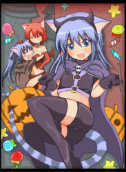 Rule 34 | 3girls, animal ears, bike shorts, blue eyes, blue hair, boots, breasts, cameltoe, candy, cape, cat ears, cat tail, cling, fang, hair ornament, hairband, hairclip, halloween, horns, large breasts, long hair, midriff, multiple girls, original, red hair, shiina you (tomoshibi), short hair, siblings, sisters, tail, thigh boots, thighhighs, wand, wings, yellow eyes
