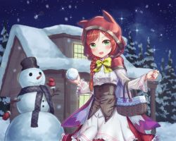 Rule 34 | 1girl, :d, absurdres, animal hood, basket, blush, bow, braid, cape, cat hood, green eyes, hair ornament, hairclip, happycloud, highres, hood, house, little red riding hood, long sleeves, night, night sky, open mouth, outdoors, red cape, red hair, sky, smile, snowball, snowing, snowman, standing, tree, winter, yellow bow