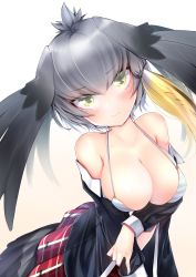 Rule 34 | 1girl, arched back, bikini, bikini under clothes, bird girl, bird tail, black hair, black shirt, blonde hair, blue bikini, blush, breasts, cleavage, closed mouth, collared shirt, commentary, grey hair, hair tie, head wings, highres, kemono friends, kinou no shika, large breasts, leaning forward, long hair, long sleeves, looking at viewer, miniskirt, multicolored hair, off shoulder, open clothes, open shirt, pleated skirt, red skirt, shirt, shoebill (kemono friends), skindentation, skirt, smile, solo, standing, striped bikini, striped clothes, swimsuit, symbol-only commentary, tail, wings, yellow eyes