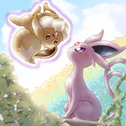 Rule 34 | animal focus, artist name, blue sky, blurry, blurry background, brown eyes, brown fur, closed mouth, cloud, colored skin, commentary request, creatures (company), eevee, espeon, forehead jewel, forked tail, game freak, gen 1 pokemon, gen 2 pokemon, nintendo, no humans, on branch, pawpads, pokemon, pokemon (creature), psychic, purple eyes, purple skin, remedy matome, sitting, sitting on branch, sky, tail, upside-down