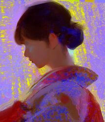 Rule 34 | 1girl, abstract, art study, black hair, brown hair, closed mouth, colorful, commentary, english commentary, faux traditional media, from side, hair bun, highres, japanese clothes, kimono, lips, nape, original, portrait, profile, purple background, short hair, single hair bun, sketch, solo, upper body, yuming li