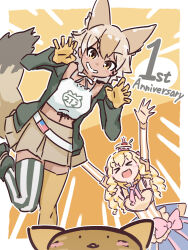 Rule 34 | &gt; &lt;, american flag, animal ears, anniversary, arms up, asymmetrical legwear, belt, black jacket, black thighhighs, blonde hair, blue dress, blush, bow, bowtie, brown skirt, claw pose, coyopotato, coyote (kemono friends), crown, curly hair, da (bobafett), dress, extra ears, gloves, hair between eyes, jacket, kemono friends, kemono friends v project, light brown hair, long hair, mai princess, midriff, milky queen, multicolored hair, open clothes, open jacket, open mouth, pink bow, pleated skirt, shirt, skirt, spaghetti strap, striped clothes, striped thighhighs, tail, thighhighs, two-tone thighhighs, virtual youtuber, white belt, white bow, white bowtie, white hair, white shirt, white thighhighs, wolf ears, wolf girl, wolf tail, yellow eyes, yellow gloves, yellow thighhighs, zettai ryouiki