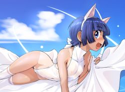 Rule 34 | 1girl, animal ears, bare shoulders, blue eyes, blue hair, blush, cloud, commentary request, covered collarbone, covered erect nipples, covered navel, day, ez6, fake animal ears, flat chest, from side, highleg, highleg swimsuit, one-piece swimsuit, open mouth, original, outdoors, over-kneehighs, profile, smile, solo, swimsuit, tan, tanline, thighhighs, white one-piece swimsuit, white thighhighs