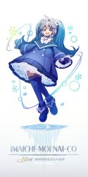 Rule 34 | 1girl, :d, abiko yuuji, absurdres, ankle boots, anniversary, antenna hair, blue coat, blue eyes, blue footwear, blue hair, blue mittens, blue thighhighs, boots, buttons, candy hair ornament, character name, coat, double-breasted, earmuffs, eyes visible through hair, food-themed hair ornament, full body, gradient background, hair between eyes, hair ornament, highres, imaichi moenai ko, kobe shinbun, long hair, long sleeves, looking at viewer, mittens, open mouth, petticoat, round teeth, smile, solo, teeth, thighhighs, twintails, zettai ryouiki