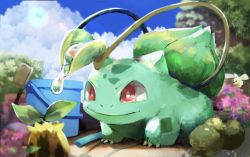 Rule 34 | blurry, bright pupils, bucket, bulbasaur, claws, closed mouth, commentary request, creatures (company), cutiefly, day, game freak, gen 1 pokemon, gen 2 pokemon, gen 7 pokemon, hose, nintendo, no humans, outdoors, plant, pokemon, pokemon (creature), red eyes, sky, smile, sunkern, vines, water, white pupils, zokune