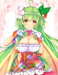 Rule 34 | 1girl, ahoge, bow, breasts, cape, cherry, cherry blossoms, cherry print, cleavage, cowboy shot, detached collar, floral background, flower, flower knight girl, food, food-themed hair ornament, food print, frills, fruit, gloves, green hair, hair flower, hair ornament, large breasts, leaf, long hair, name connection, object namesake, pink bow, pink skirt, plaid, sakuranbo (flower knight girl), skirt, solo, suzume (simple0091), white gloves, yellow cape