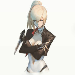 Rule 34 | 1girl, black gloves, blonde hair, blue eyes, breasts, center opening, choker, cleavage, closed mouth, collarbone, cropped jacket, crossed arms, eyes visible through hair, fingerless gloves, gloves, hair between eyes, holding, holding knife, holding weapon, jacket, knife, leotard, long hair, looking at viewer, medium breasts, navel, open clothes, open jacket, original, ponytail, raikoart, solo, strapless, strapless leotard, tess turner, weapon, white background, white leotard