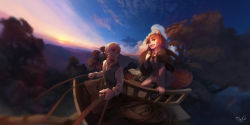 Rule 34 | 1boy, 1girl, absurdres, animal ears, apple, blurry, cart, cloud, craft lawrence, dark, doujiang rr, fangs, fisheye, flower, food, fruit, highres, holo, horizon, jacket, jacket on shoulders, long hair, looking at another, looking back, mountain, open mouth, orange hair, red eyes, reins, short hair, grey eyes, silver hair, sky, smile, spice and wolf, sunrise, tail, tree, vest, wolf ears, wolf tail