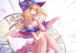 Rule 34 | 1girl, absurdres, bare shoulders, bikini, blonde hair, blue hat, blue nails, breasts, cleavage, closed mouth, dark magician girl, duel monster, facial mark, facing viewer, finger to mouth, fingernails, green eyes, hair between eyes, hat, highres, knees together feet apart, large breasts, legs, long hair, looking at viewer, midriff, mitsu (mitsu art), nail polish, navel, patreon username, smile, solo, stomach, swimsuit, wizard hat, yu-gi-oh!, yu-gi-oh! duel monsters