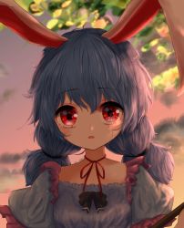 Rule 34 | 1girl, animal ears, arms up, bad id, bad pixiv id, blue dress, blue hair, close-up, cloud, crying, crying with eyes open, dress, earclip, gradient sky, hair between eyes, highres, kayon (touzoku), looking at viewer, low twintails, neck ribbon, open mouth, outdoors, parted lips, puffy short sleeves, puffy sleeves, rabbit ears, red eyes, red ribbon, ribbon, seiran (touhou), short hair, short sleeves, sky, solo, tears, touhou, twilight, twintails