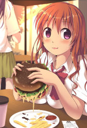 Rule 34 | 10s, 1girl, :t, aki (akisora hiyori), blush, bow, bowtie, breast rest, breasts, brown hair, burger, buttons, cheese, cup, dress shirt, eating, fingernails, food, french fries, highres, holding, holding food, ketchup, koufuku graffiti, lettuce, lips, machiko ryou, mos burger, plate, pleated skirt, purple eyes, receipt, shirt, short sleeves, skirt, solo focus, sweat, tomato, window, wing collar