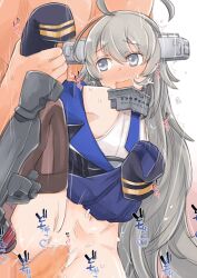 Rule 34 | 1boy, 1girl, ahoge, blush, censored, commentary request, enjaku izuku, from behind, grey eyes, grey hair, hetero, highres, kantai collection, leg up, mosaic censoring, necktie, open mouth, sex, simple background, sweat, thighhighs, washington (kancolle), white background