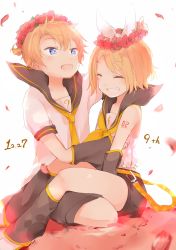 Rule 34 | 1boy, 1girl, anniversary, arm tattoo, bad id, bad twitter id, bass clef, blonde hair, bloom, blue eyes, blurry, bow, brother and sister, closed eyes, dated, depth of field, detached sleeves, fang, flower, frilled shirt, frills, grin, hair bow, hair ornament, hairclip, happy, happy birthday, head wreath, headphones, headset, highres, kagamine len, kagamine rin, kneeling, motion blur, necktie, open mouth, oyamada (pi0v0jg), oyamade (pi0v0jg), petals, red flower, sailor collar, shirt, short hair, shorts, siblings, sitting, sitting on lap, sitting on person, smile, tattoo, treble clef, twins, vocaloid, yellow necktie