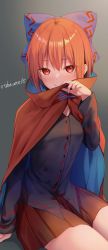 Rule 34 | 1girl, arm support, black shirt, blue bow, blush, bow, cape, closed mouth, eyes visible through hair, grey background, hair between eyes, hair bow, high collar, highres, holding, long sleeves, looking at viewer, miniskirt, nnyara, pleated skirt, red cape, red eyes, red hair, red skirt, sekibanki, shirt, short hair, simple background, sitting, skirt, smile, solo, thighs, touhou