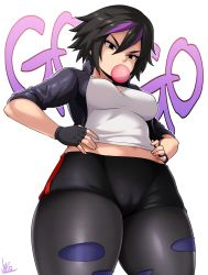 Rule 34 | 1girl, big hero 6, black gloves, black hair, breasts, brown eyes, blowing bubbles, cameltoe, chewing gum, commentary request, disney, fingerless gloves, gloves, gogo tomago, highres, jmg, looking down, medium breasts, multicolored hair, pants, purple hair, short hair, signature, simple background, skin tight, solo, thick thighs, thighs, tight clothes, tight pants, two-tone hair, white background